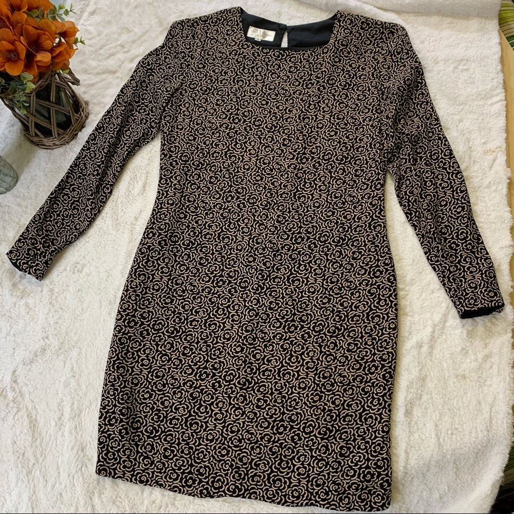 Elizabeth Wayman NY Lined Shift Dress Long Sleeve Black Tan Sz 4